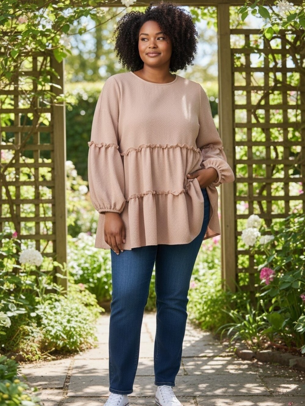 Chic Soul Tiered Balloon-Sleeve Tunic in Blush In EUC
